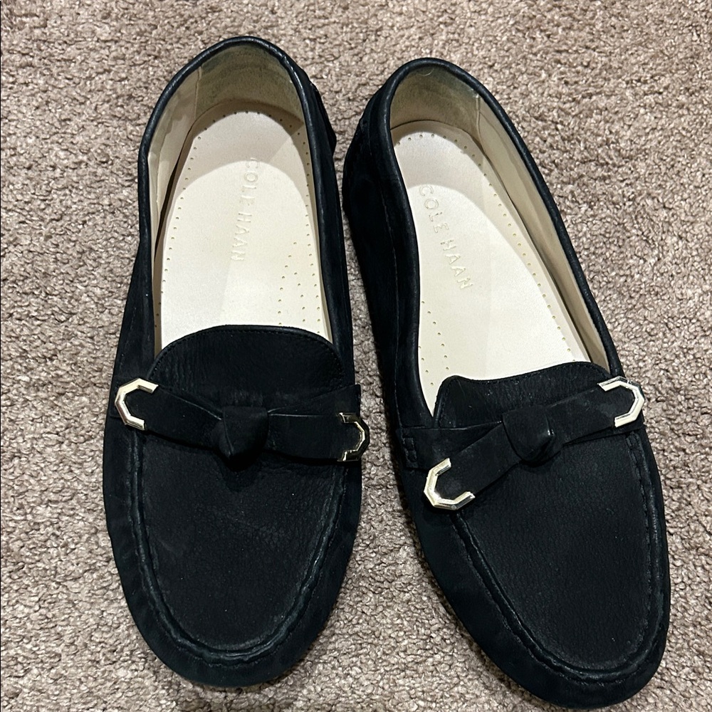 Cole Haan Black Suede Bow Loafers with Gold Accents